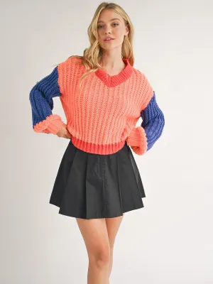 WOMEN'S LONG SLEEVE V-NECK COLORBLOCK PULLOVER SWEATER