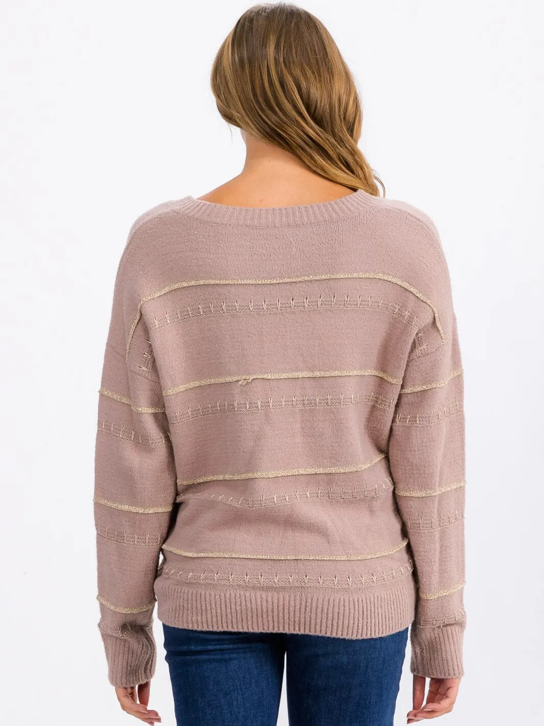 WOMEN'S LONG SLEEVE V-NECK DETAILED PULLOVER SWEATER
