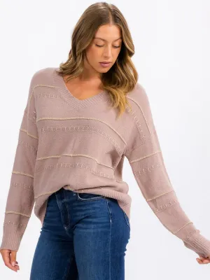 WOMEN'S LONG SLEEVE V-NECK DETAILED PULLOVER SWEATER