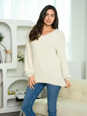 WOMEN'S LONG SLEEVE V-NECK FUZZY SWEATER