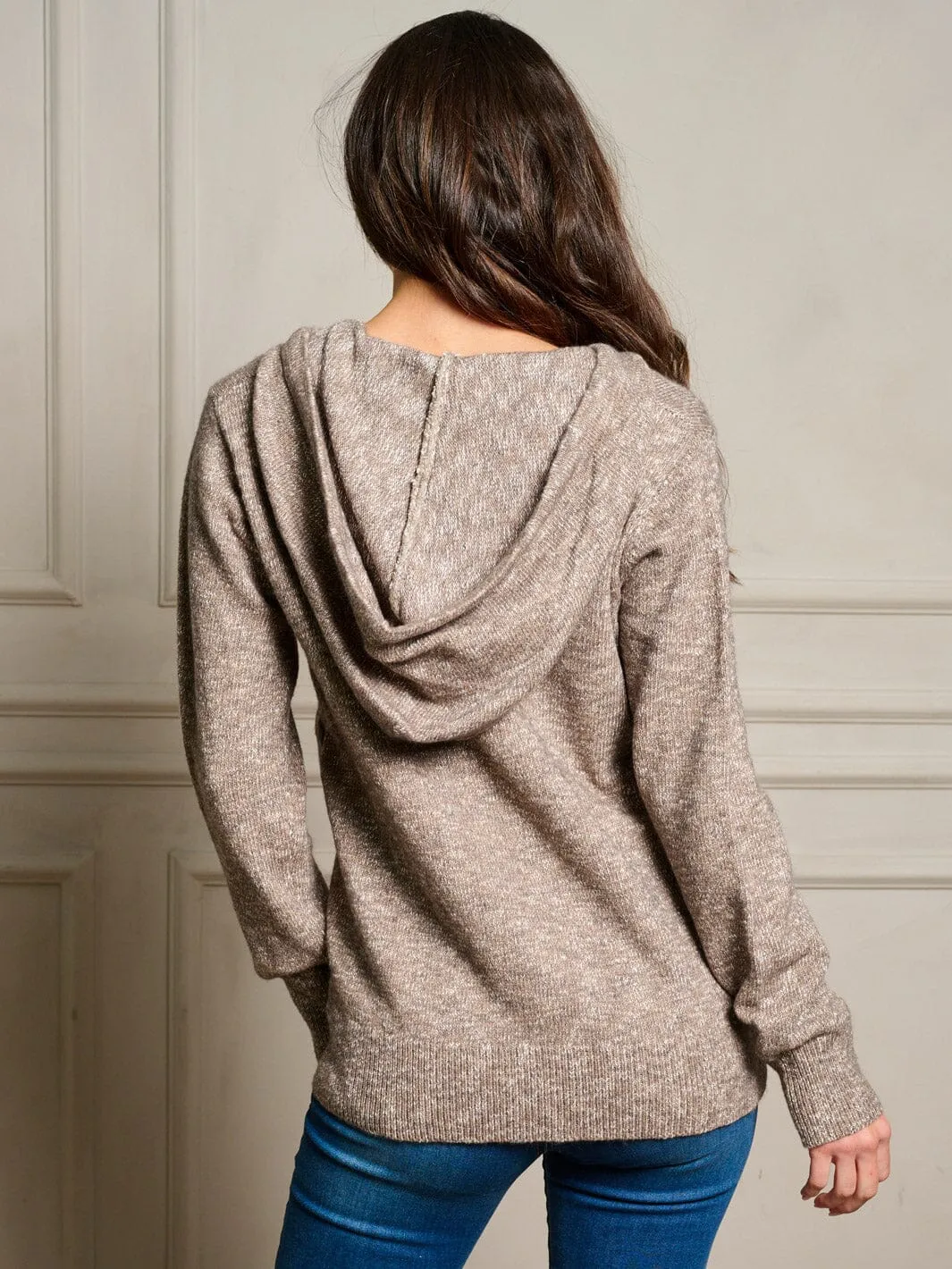 WOMEN'S LONG SLEEVE V-NECK HOODED PULLOVER SWEATER