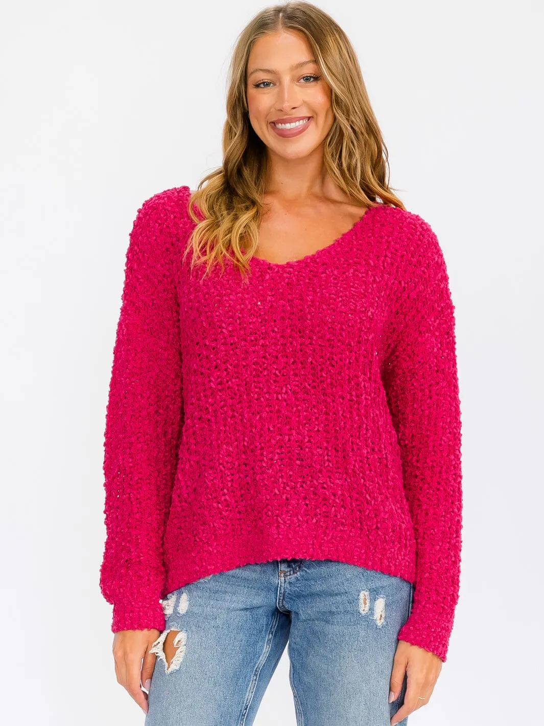 WOMEN'S LONG SLEEVE V-NECK KNIT PULLOVER SWEATER