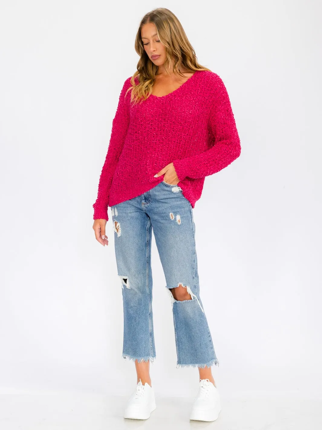 WOMEN'S LONG SLEEVE V-NECK KNIT PULLOVER SWEATER