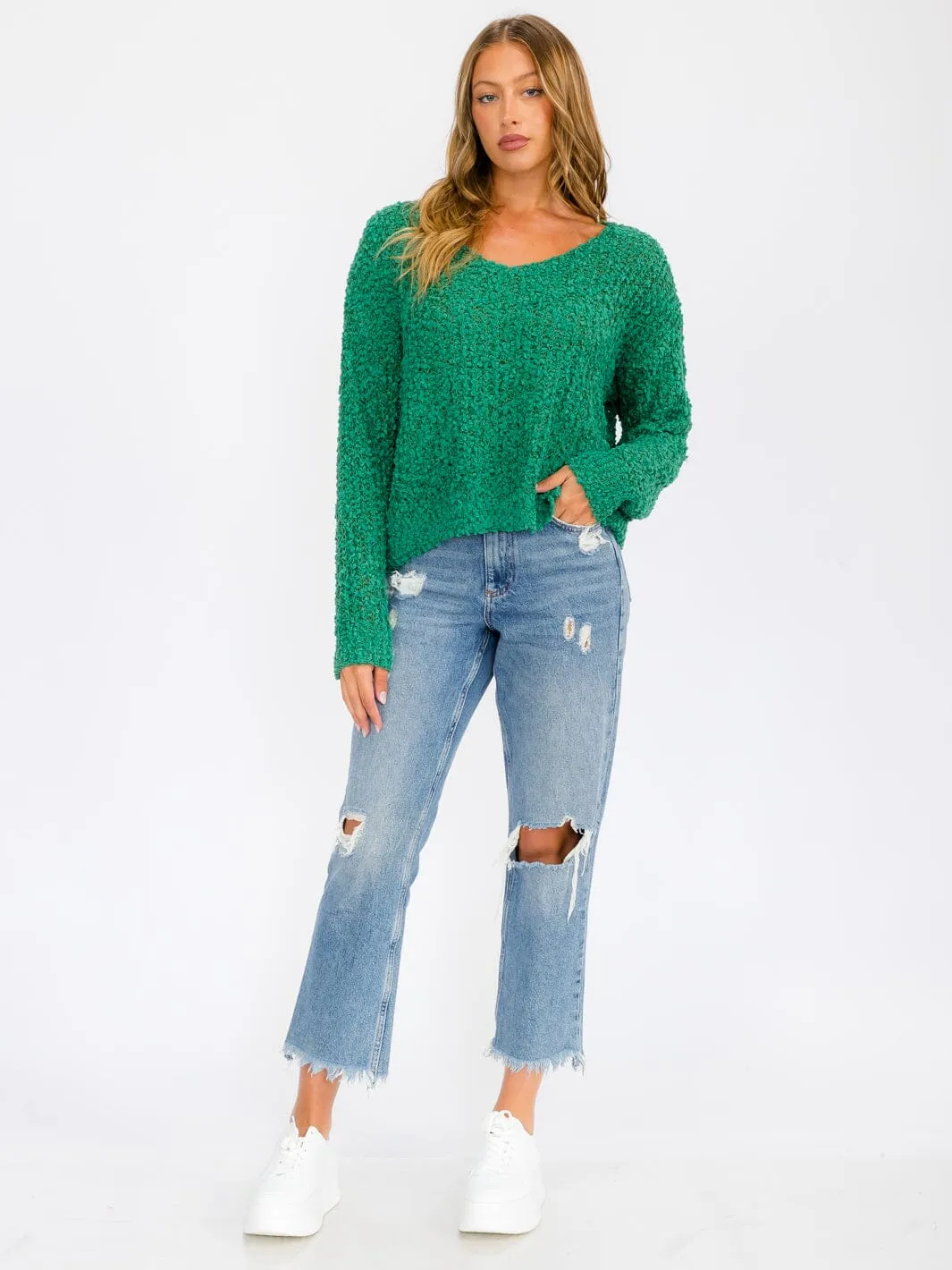 WOMEN'S LONG SLEEVE V-NECK KNIT PULLOVER SWEATER