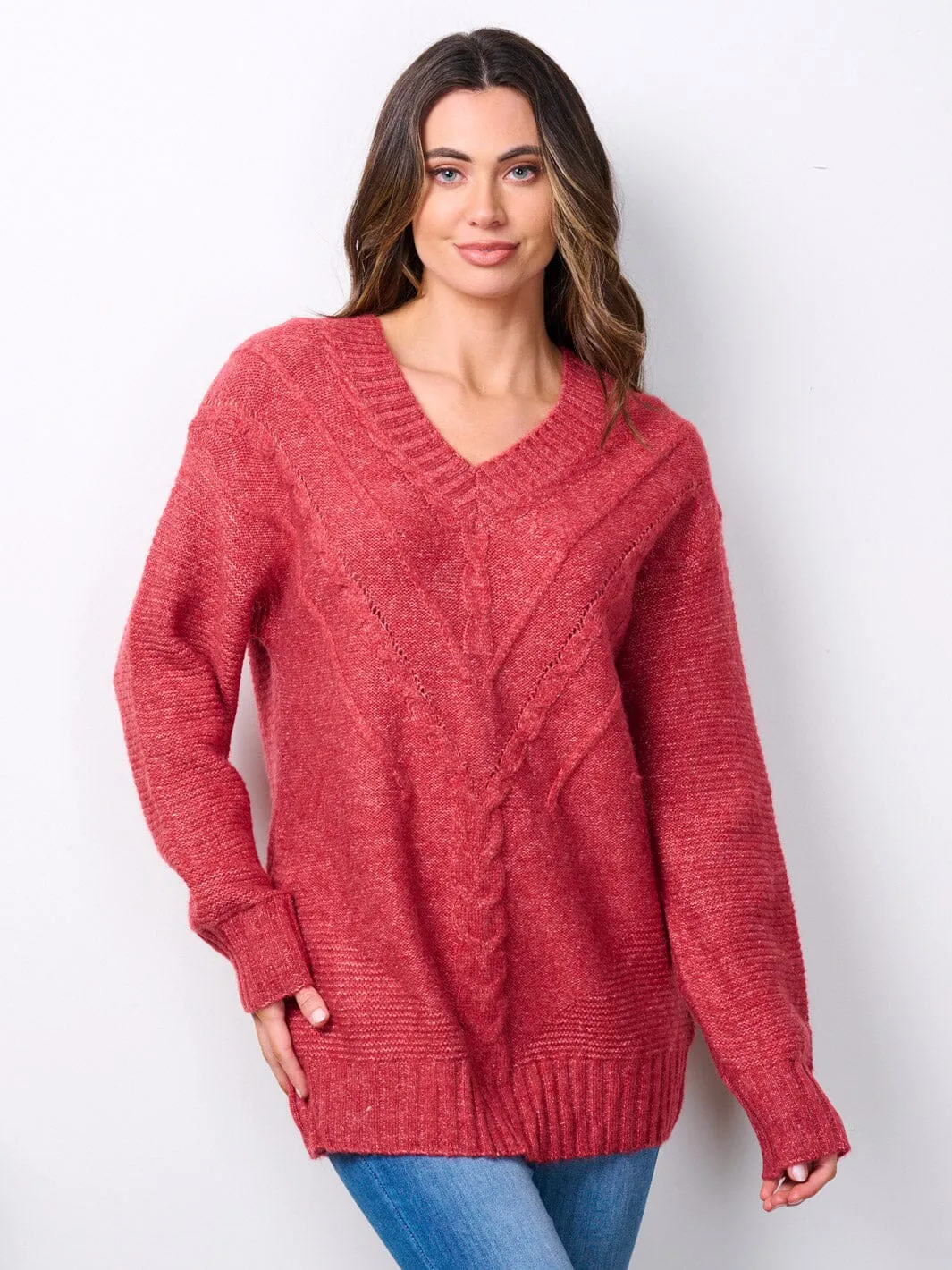 WOMEN'S LONG SLEEVE V-NECK KNITTED PULLOVER SWEATER