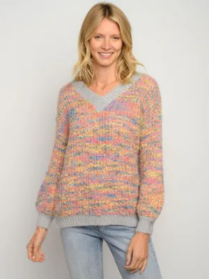 WOMEN'S LONG SLEEVE V-NECK MULTI SWEATER