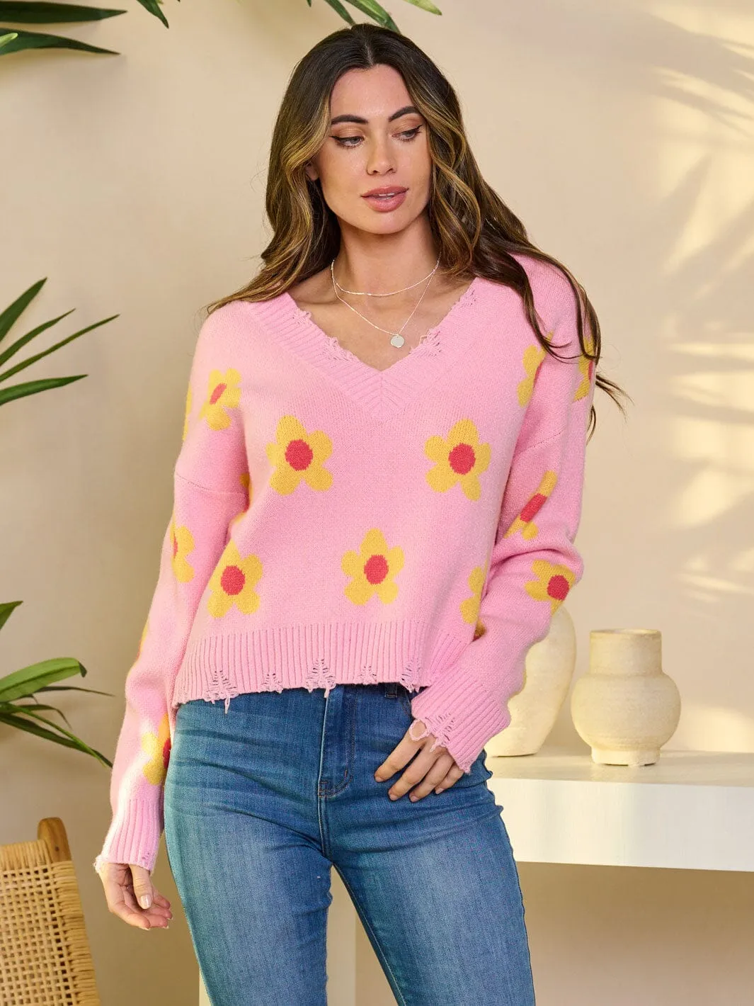 WOMEN'S LONG SLEEVE V-NECK PULLOVER GRAPHIC SWEATER
