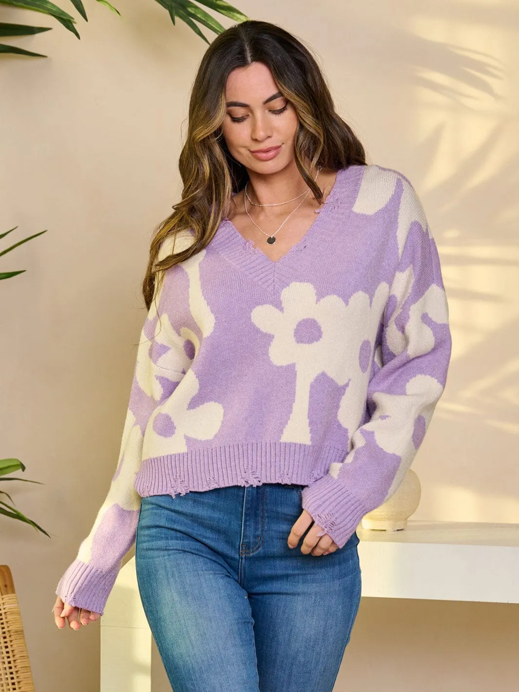 WOMEN'S LONG SLEEVE V-NECK PULLOVER GRAPHIC SWEATER