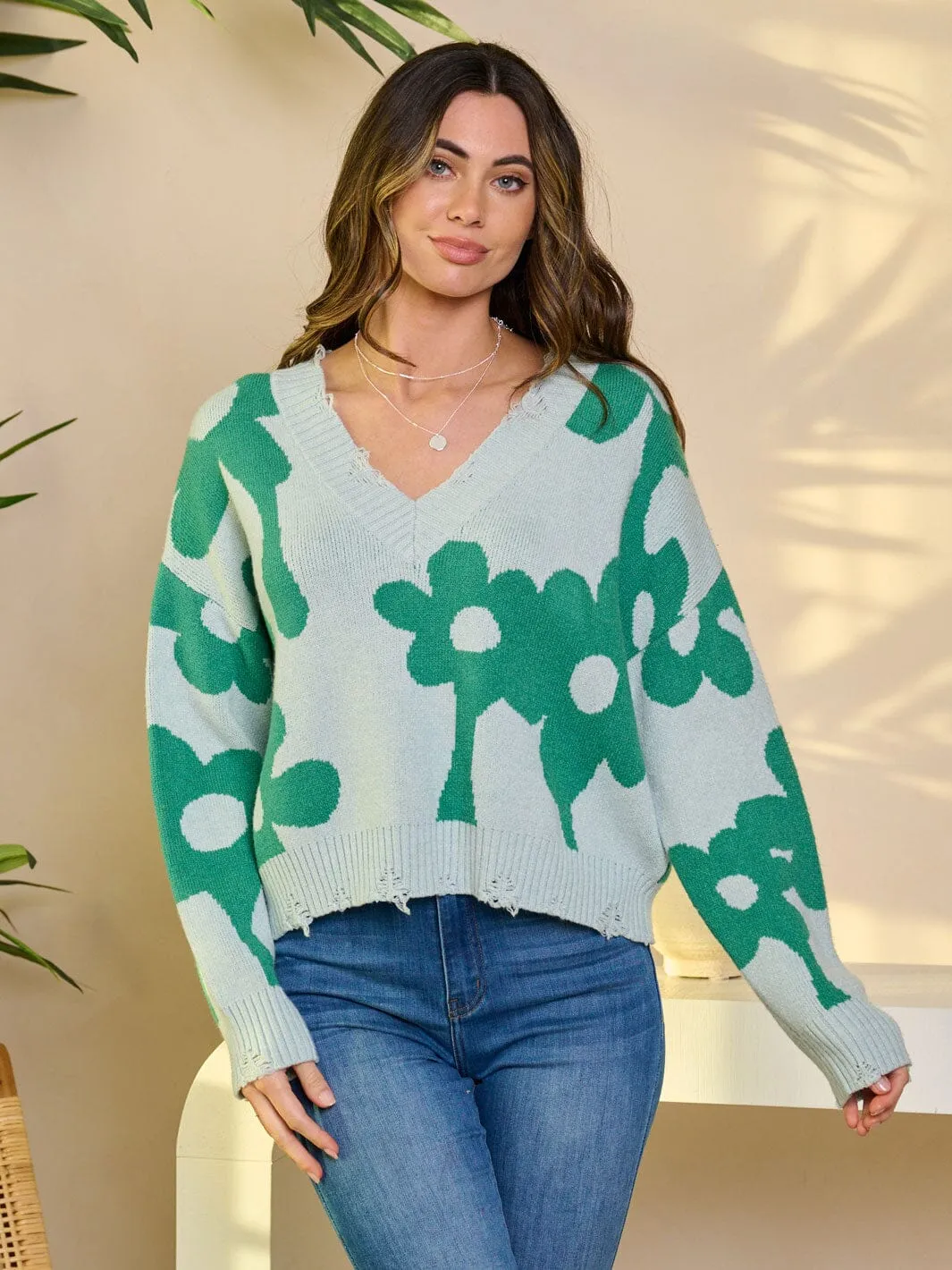 WOMEN'S LONG SLEEVE V-NECK PULLOVER GRAPHIC SWEATER