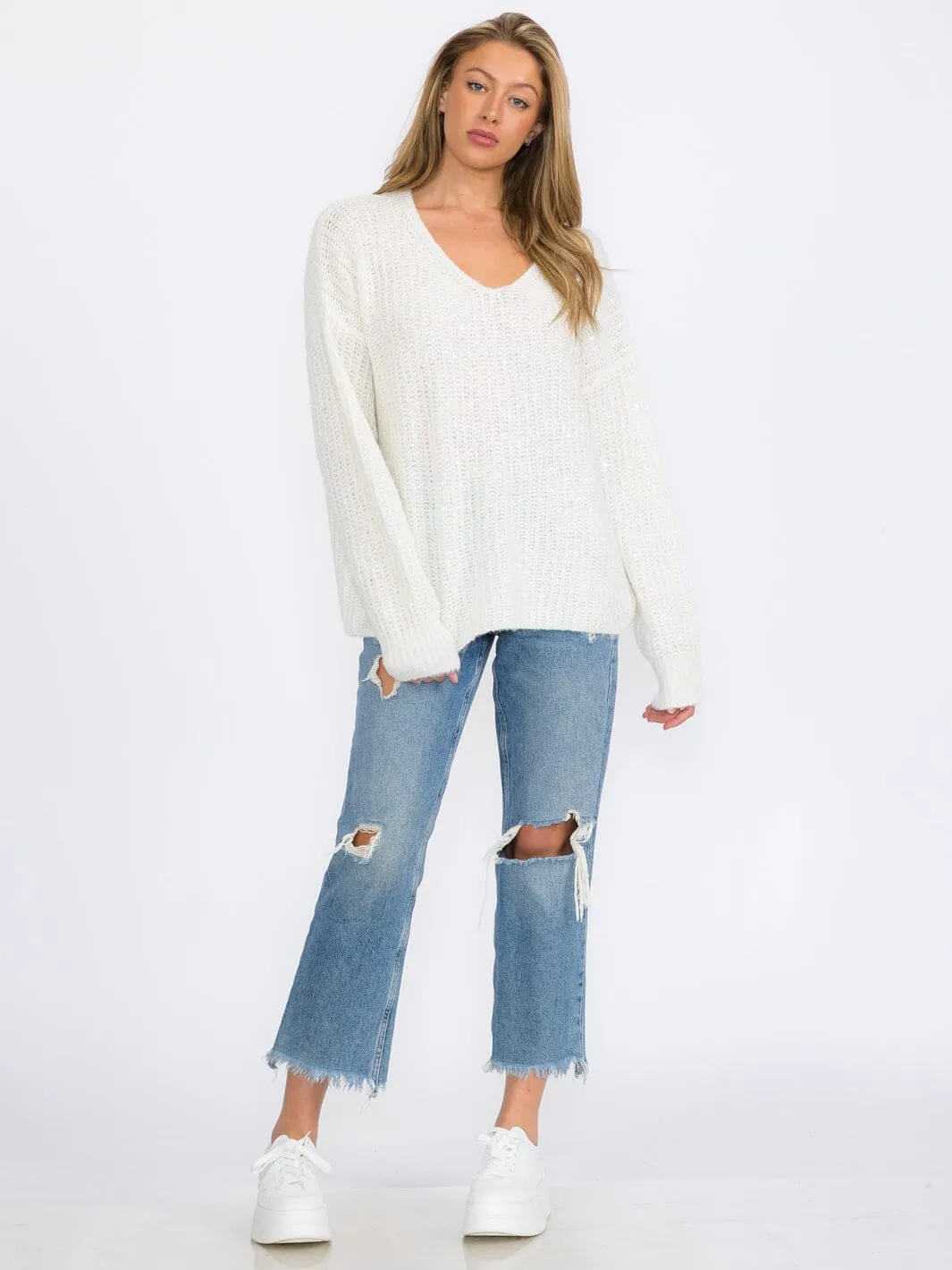 WOMEN'S LONG SLEEVE V-NECK SEQUINS PULLOVER SWEATER