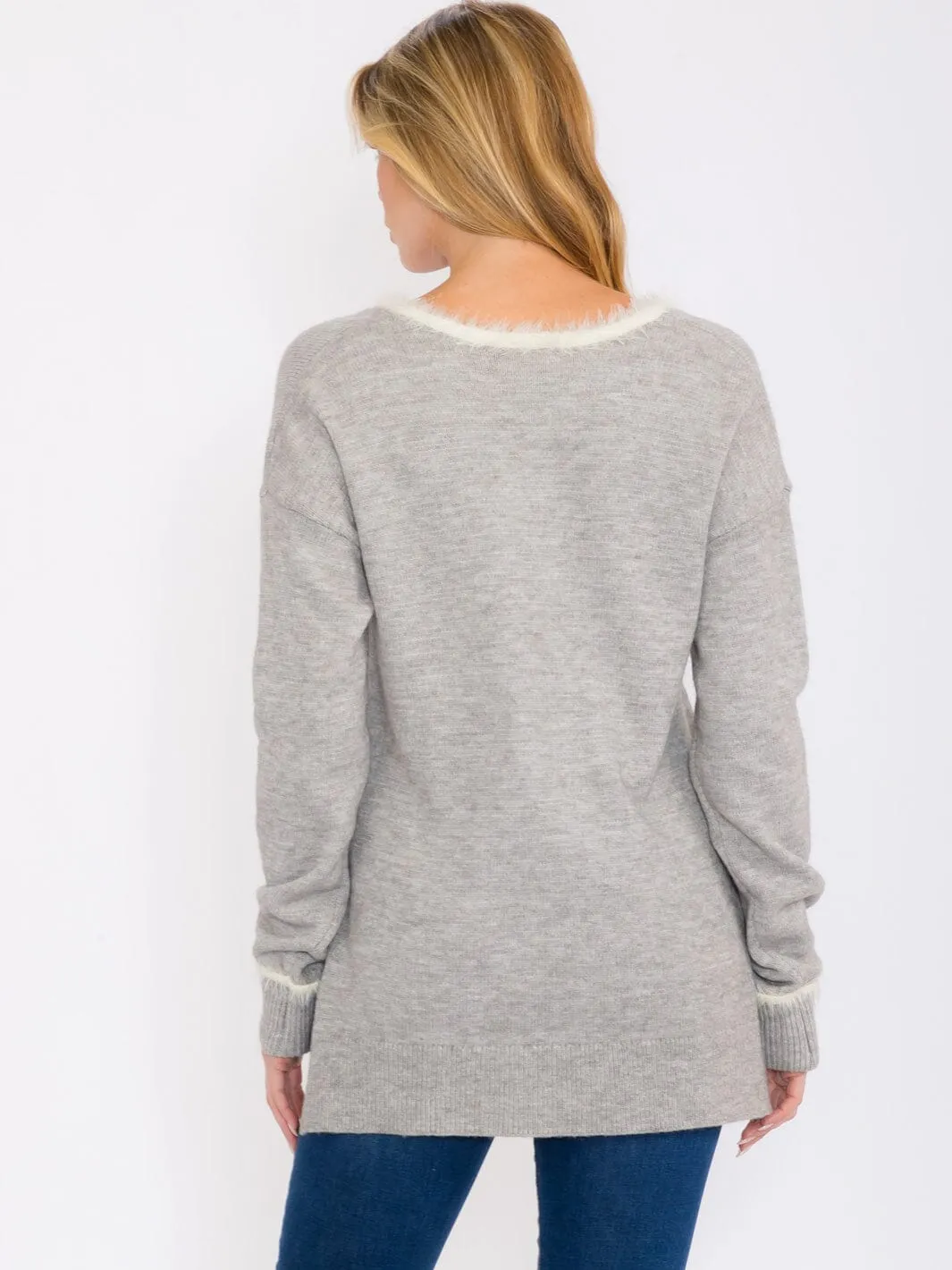 WOMEN'S LONG SLEEVES V-NECK PULLOVER TRIM DETAILED SWEATER