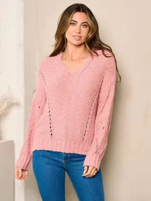WOMEN'S LONG SLEEVES V-NECK SHERAP KNIT SWEATER