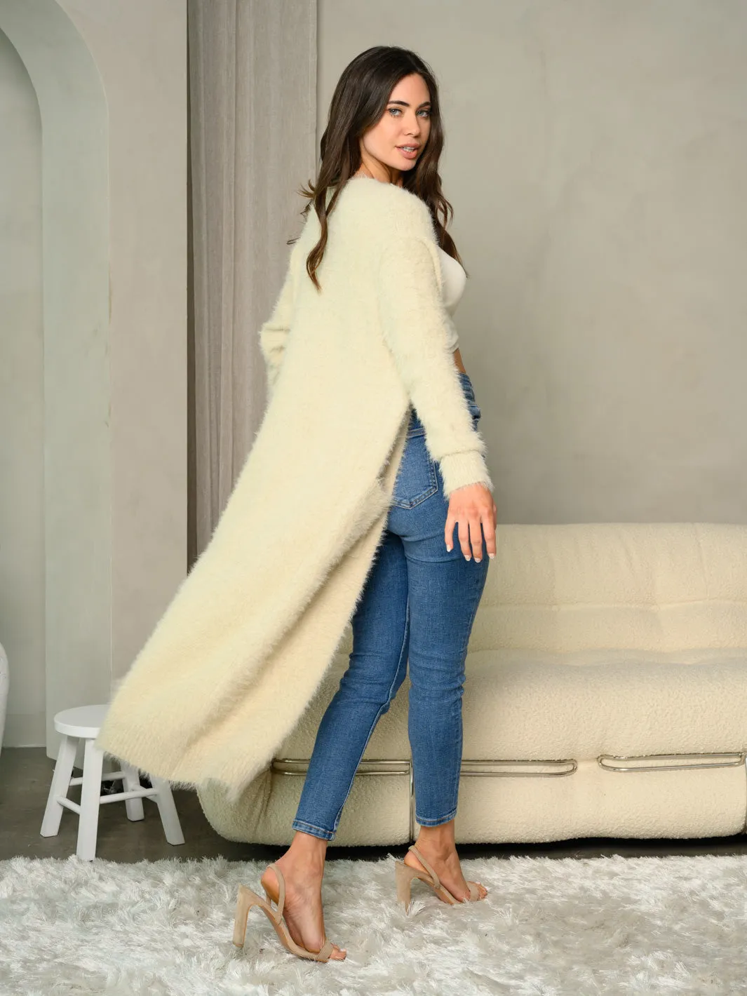 WOMEN'S OPEN FRONT FUZZY KNIT MAXI CARDIGAN
