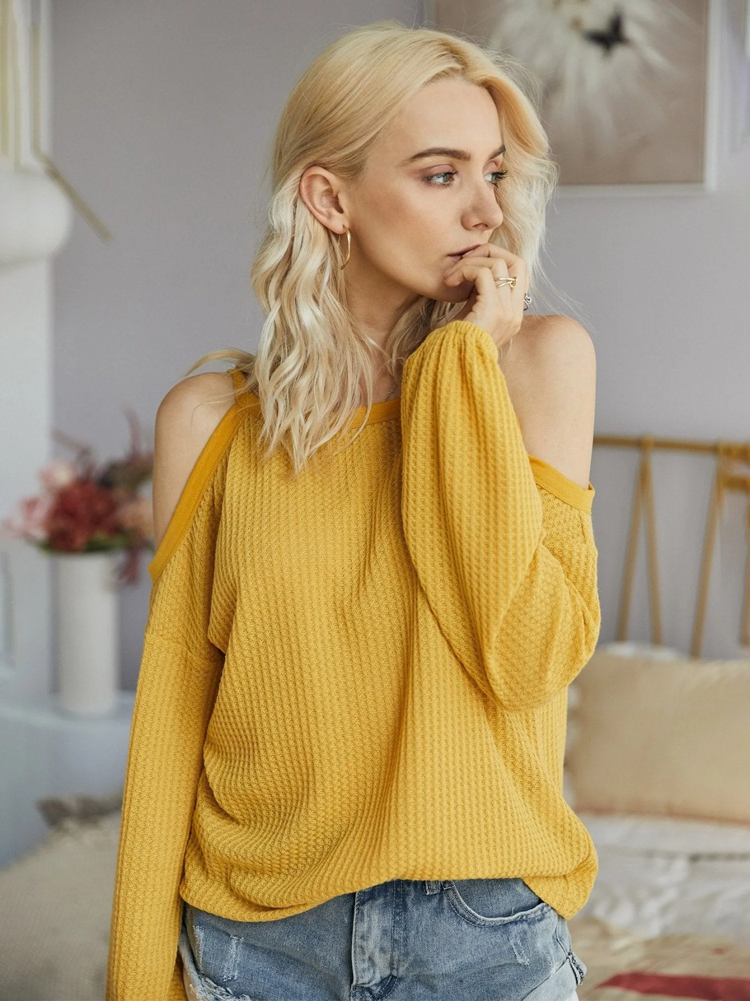 Women's Round Neck Cold Shoulder Blouse Sweatshirts