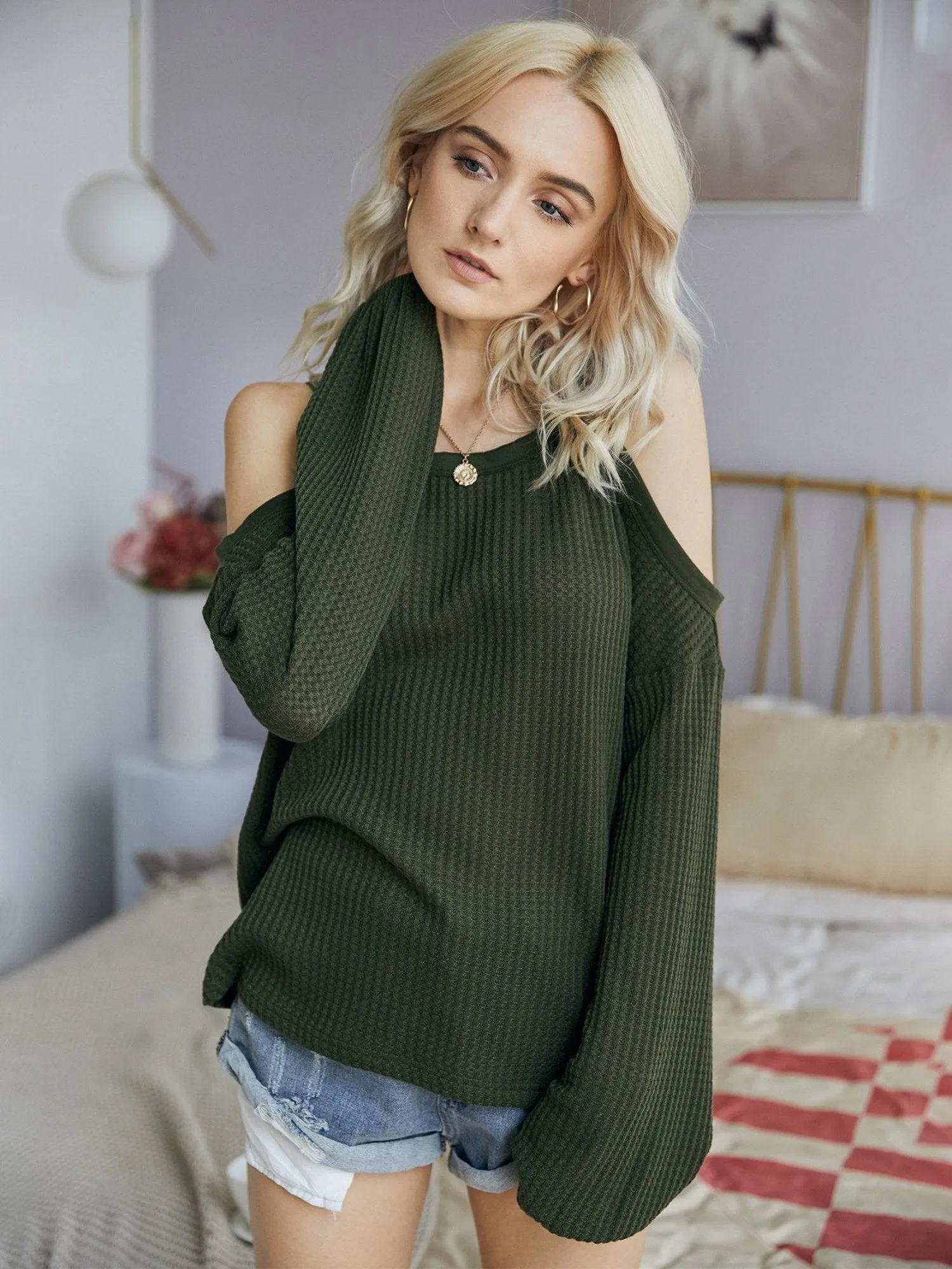 Women's Round Neck Cold Shoulder Blouse Sweatshirts