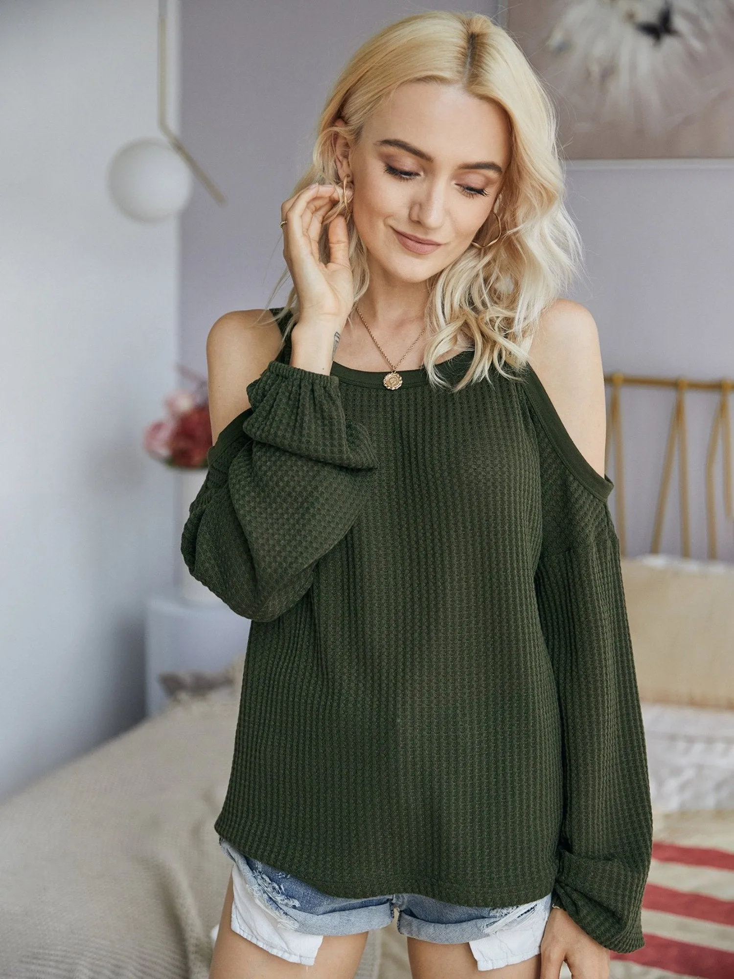 Women's Round Neck Cold Shoulder Blouse Sweatshirts