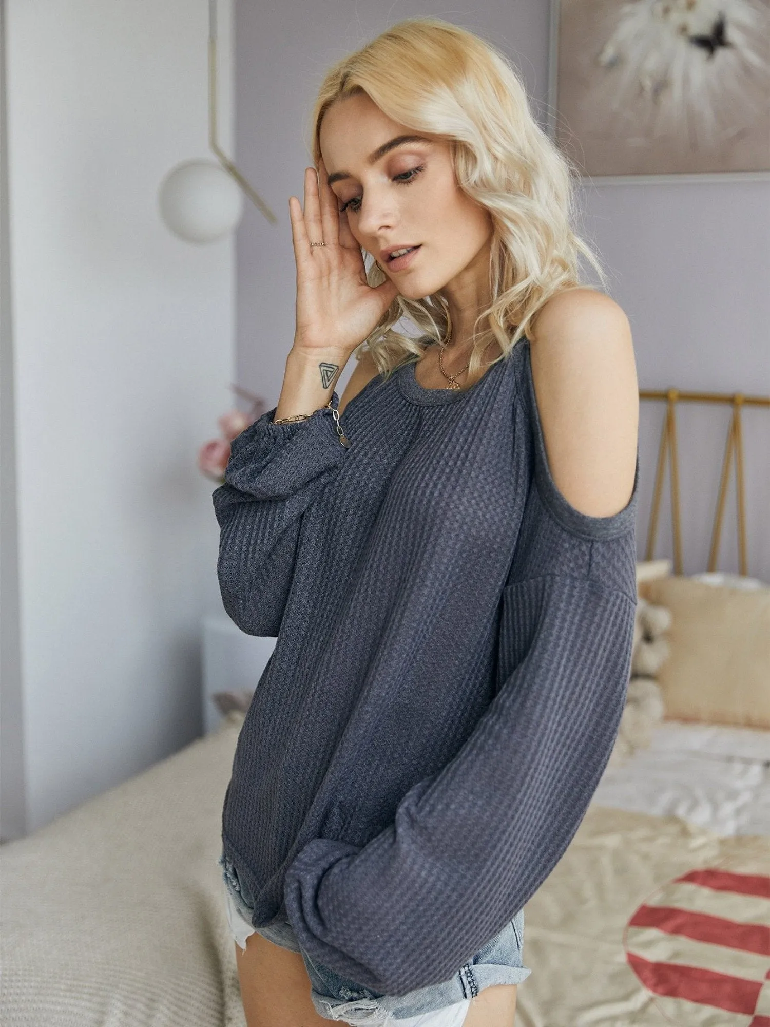 Women's Round Neck Cold Shoulder Blouse Sweatshirts