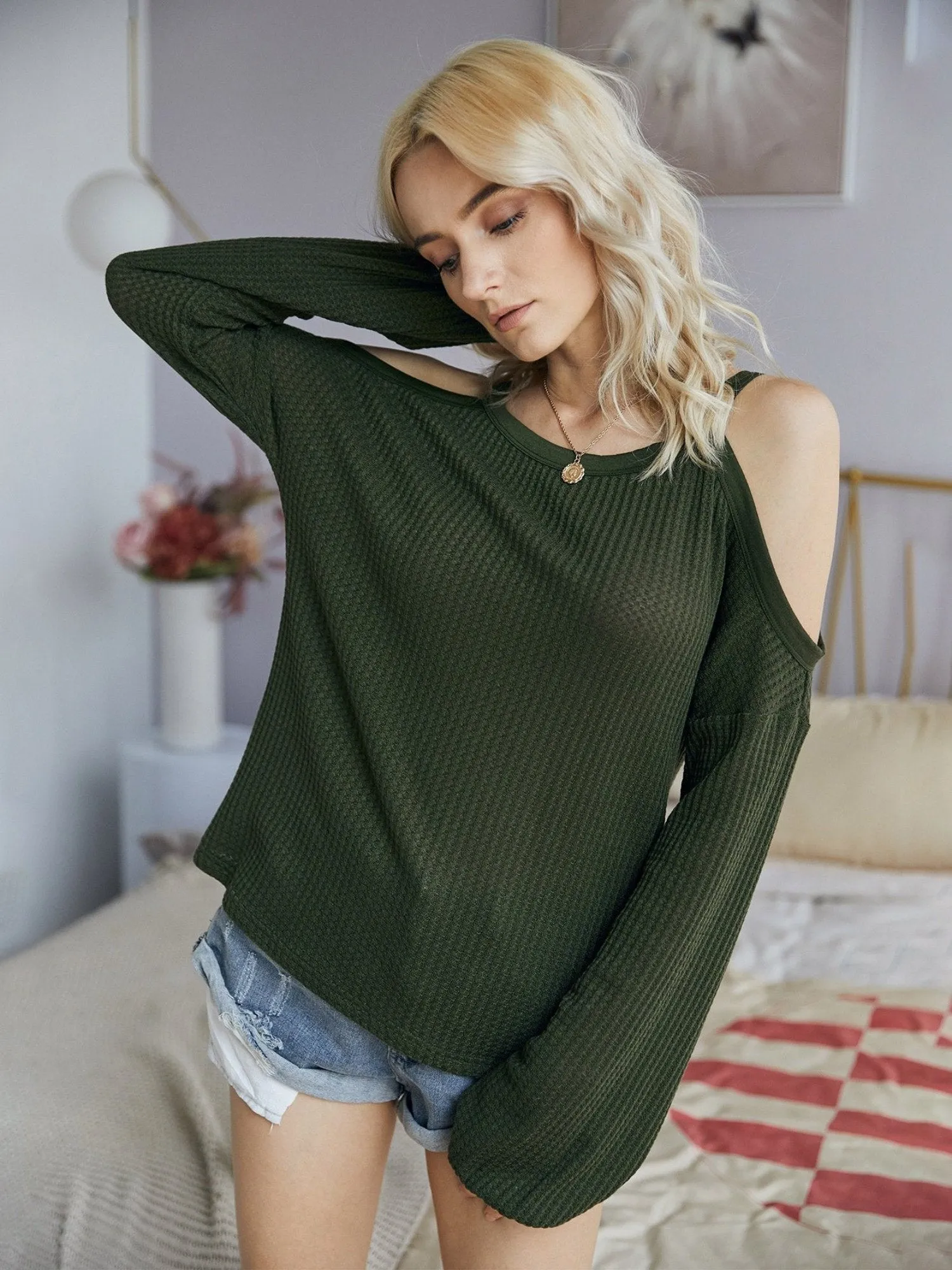 Women's Round Neck Cold Shoulder Blouse Sweatshirts