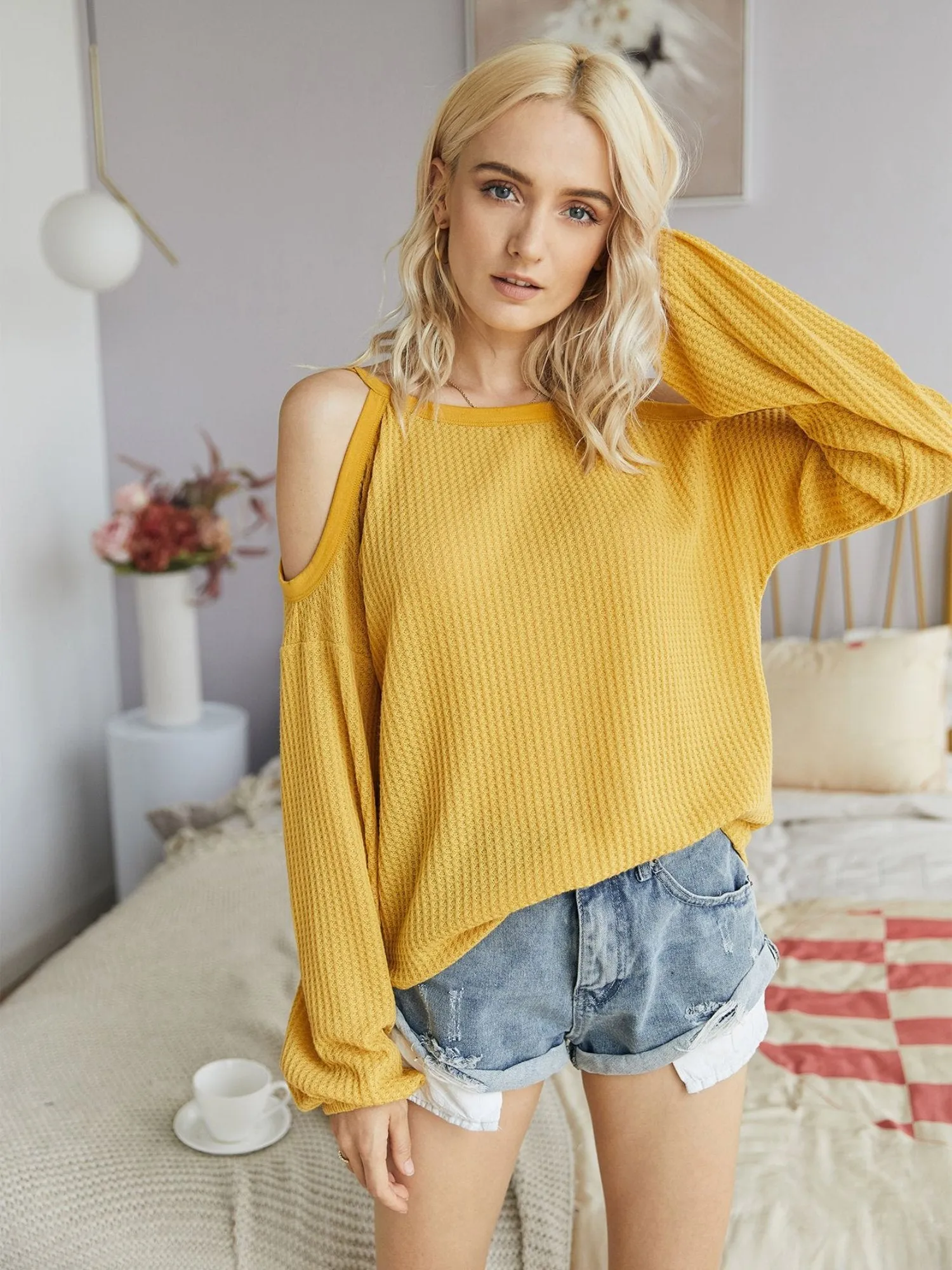 Women's Round Neck Cold Shoulder Blouse Sweatshirts
