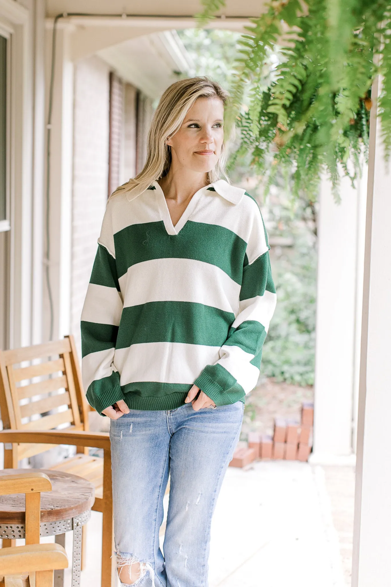 XZ Collared Green Stripe Sweater